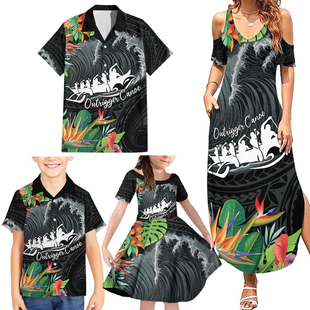 Outrigger Canoe Black Family Matching Summer Maxi Dress and Hawaiian Shirt On The Waves