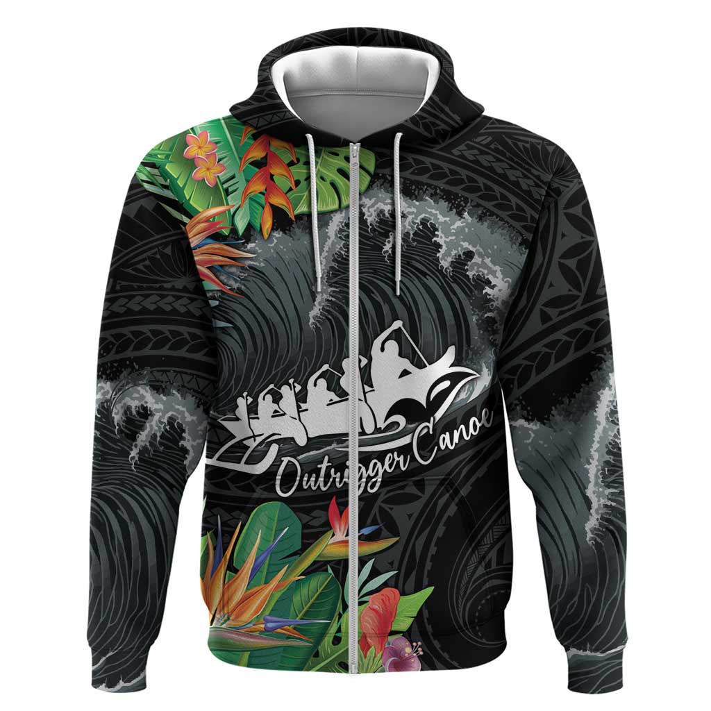 Outrigger Canoe Black Hoodie On The Waves LT7 Zip Hoodie Black - Polynesian Pride