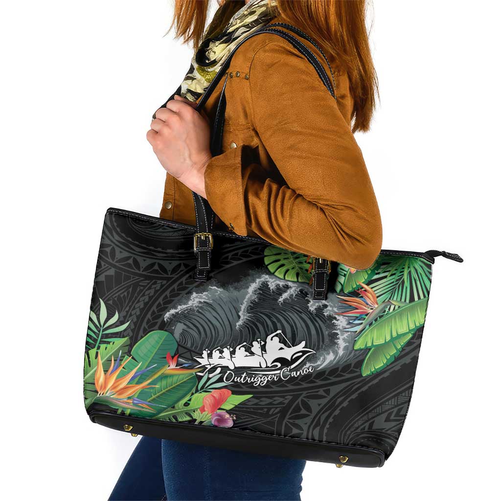 Outrigger Canoe Black Leather Tote Bag On The Waves LT7 Black - Polynesian Pride