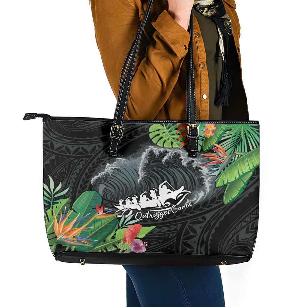 Outrigger Canoe Black Leather Tote Bag On The Waves LT7 - Polynesian Pride