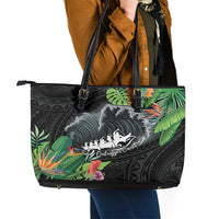 Outrigger Canoe Black Leather Tote Bag On The Waves LT7 - Polynesian Pride