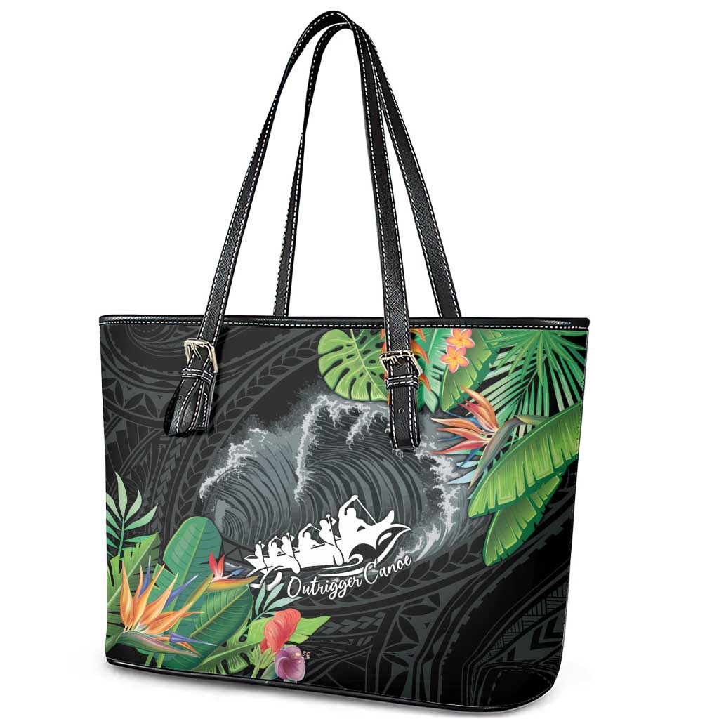 Outrigger Canoe Black Leather Tote Bag On The Waves LT7 - Polynesian Pride