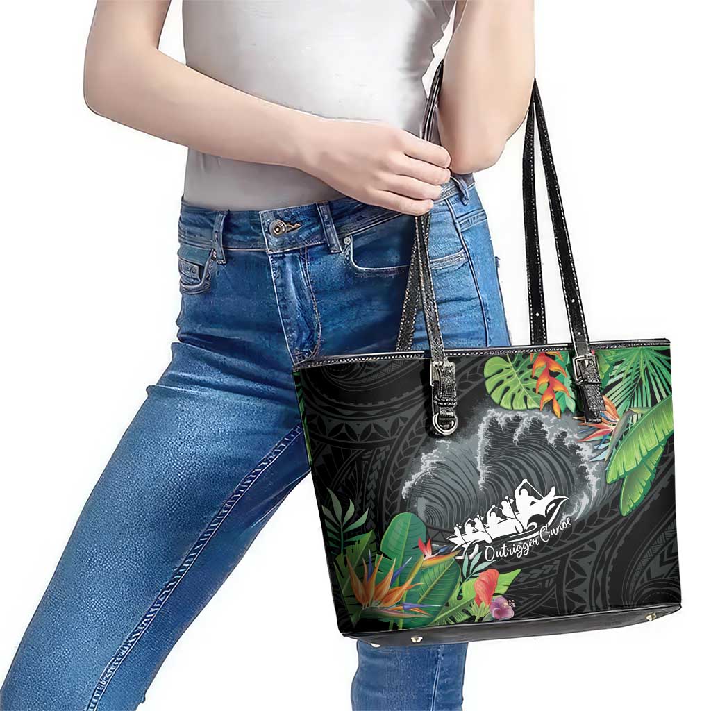 Outrigger Canoe Black Leather Tote Bag On The Waves LT7 - Polynesian Pride