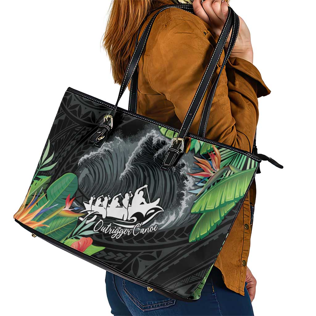 Outrigger Canoe Black Leather Tote Bag On The Waves LT7 - Polynesian Pride