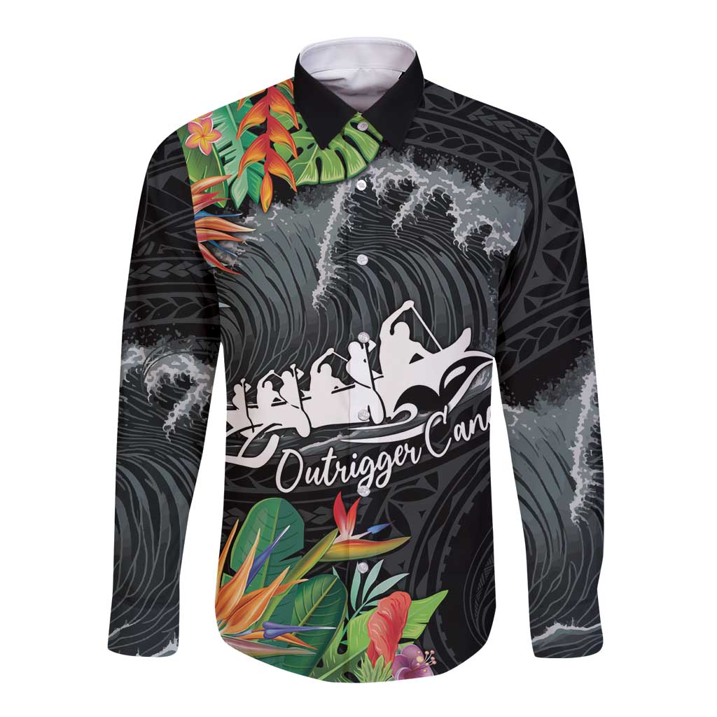 Outrigger Canoe Black Long Sleeve Button Shirt On The Waves