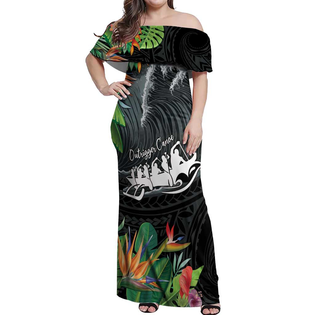 Outrigger Canoe Black Off Shoulder Maxi Dress On The Waves LT7 Women Black - Polynesian Pride