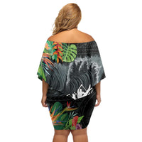 Outrigger Canoe Black Off Shoulder Short Dress On The Waves LT7 - Polynesian Pride