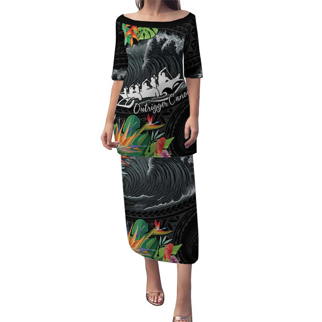 Outrigger Canoe Black Puletasi On The Waves LT7 Long Dress Black - Polynesian Pride