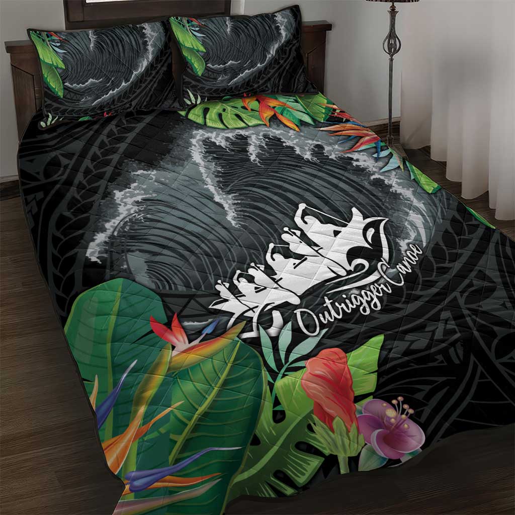 Outrigger Canoe Black Quilt Bed Set On The Waves LT7 Black - Polynesian Pride