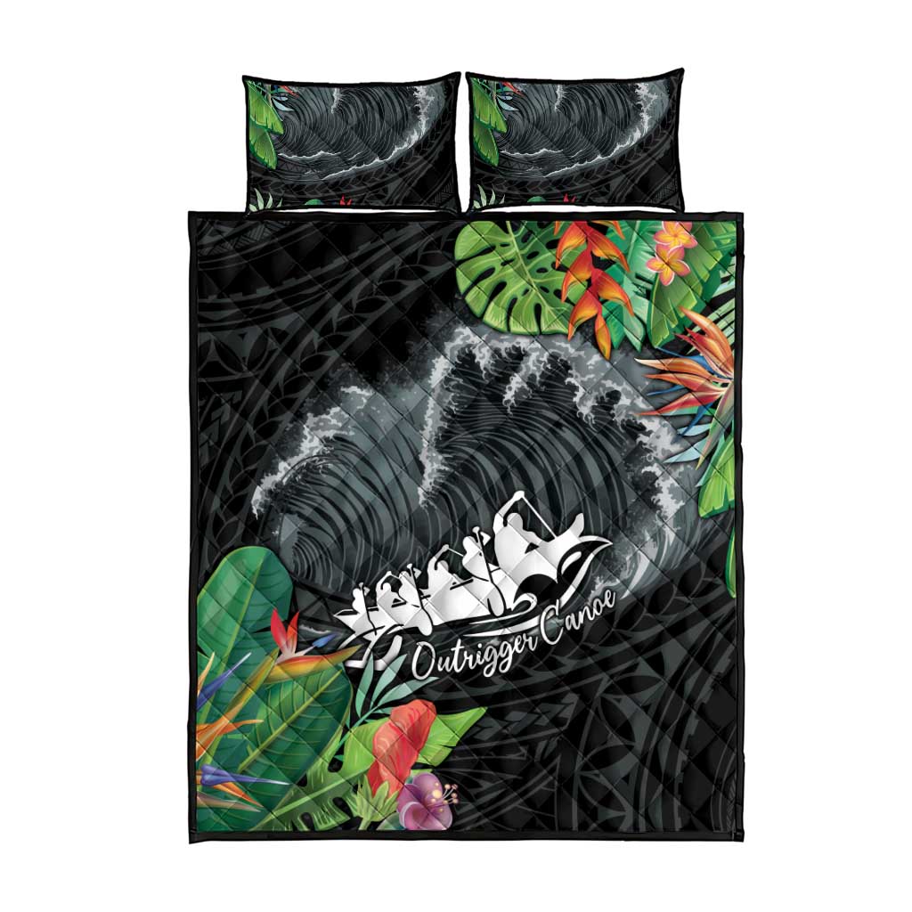 Outrigger Canoe Black Quilt Bed Set On The Waves LT7 - Polynesian Pride