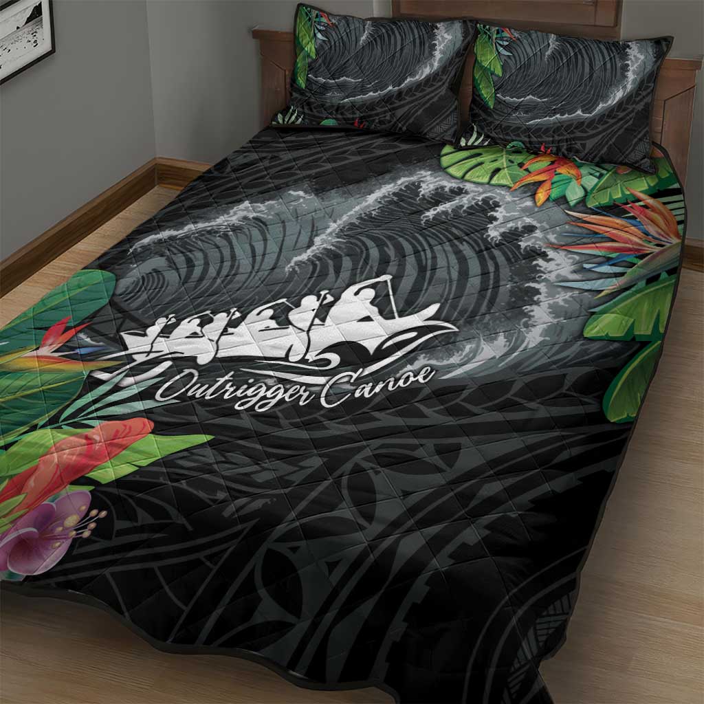 Outrigger Canoe Black Quilt Bed Set On The Waves LT7 - Polynesian Pride