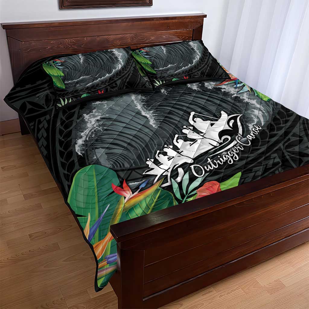 Outrigger Canoe Black Quilt Bed Set On The Waves LT7 - Polynesian Pride