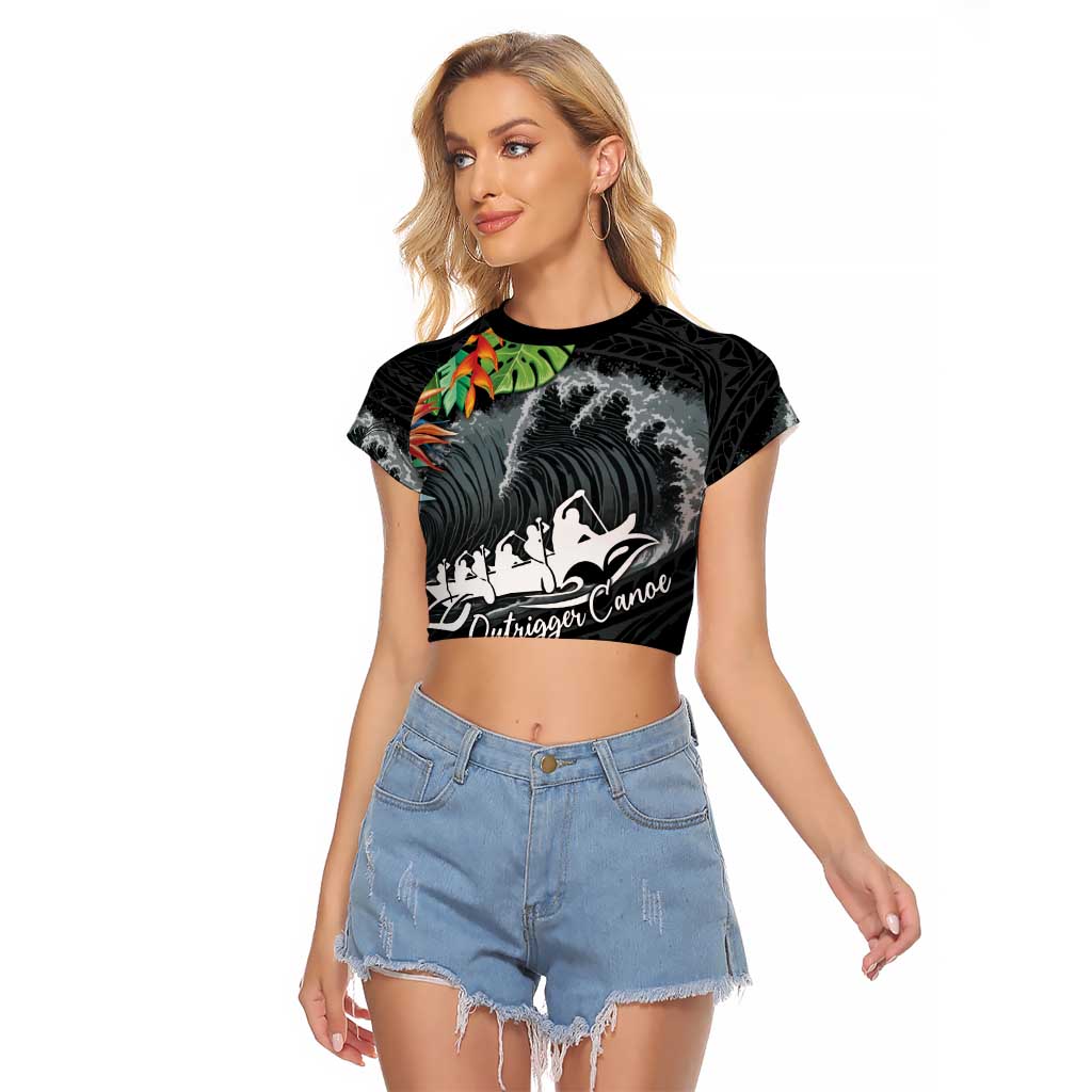 Outrigger Canoe Black Raglan Cropped T Shirt On The Waves LT7 Female Black - Polynesian Pride