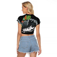 Outrigger Canoe Black Raglan Cropped T Shirt On The Waves LT7 - Polynesian Pride