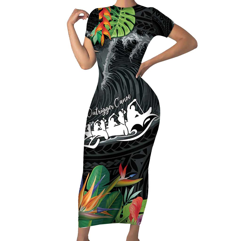 Outrigger Canoe Black Short Sleeve Bodycon Dress On The Waves