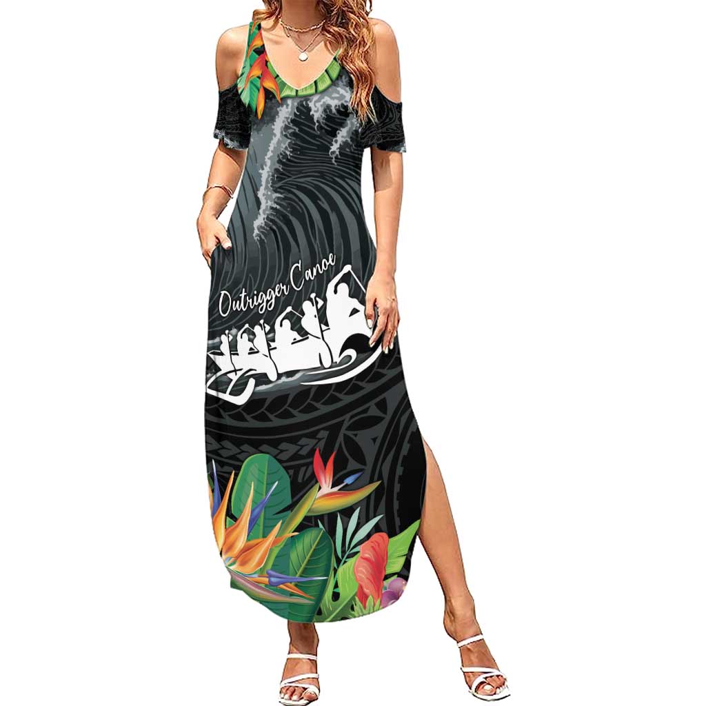 Outrigger Canoe Black Summer Maxi Dress On The Waves LT7 Women Black - Polynesian Pride