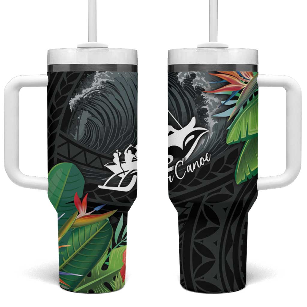 Outrigger Canoe Black Tumbler With Handle On The Waves LT7 One Size: 40 oz Black - Polynesian Pride