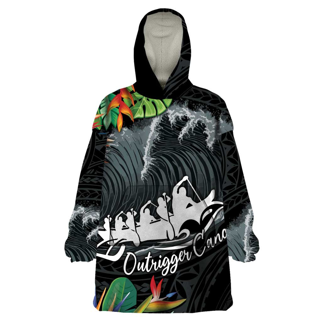 Outrigger Canoe Black Wearable Blanket Hoodie On The Waves