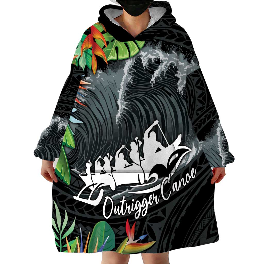Outrigger Canoe Black Wearable Blanket Hoodie On The Waves LT7 - Polynesian Pride