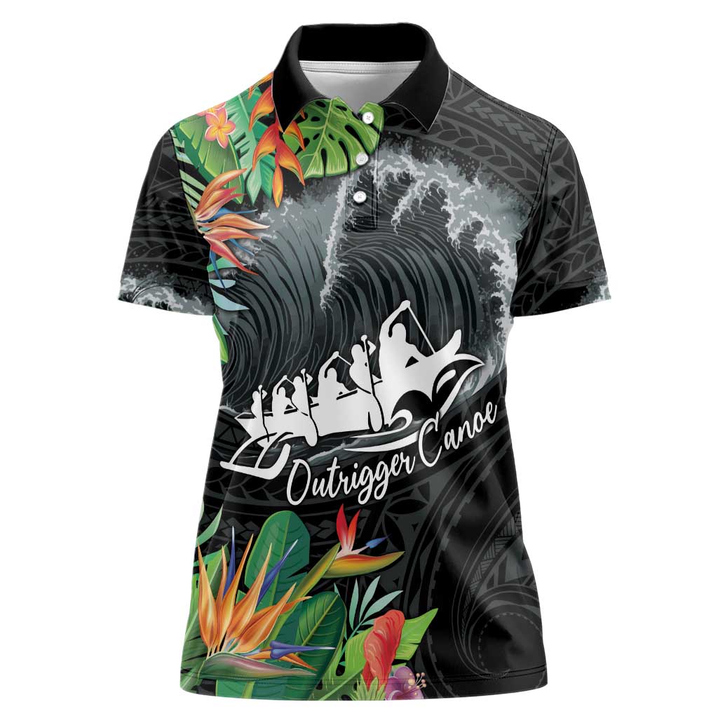 Outrigger Canoe Black Women Polo Shirt On The Waves