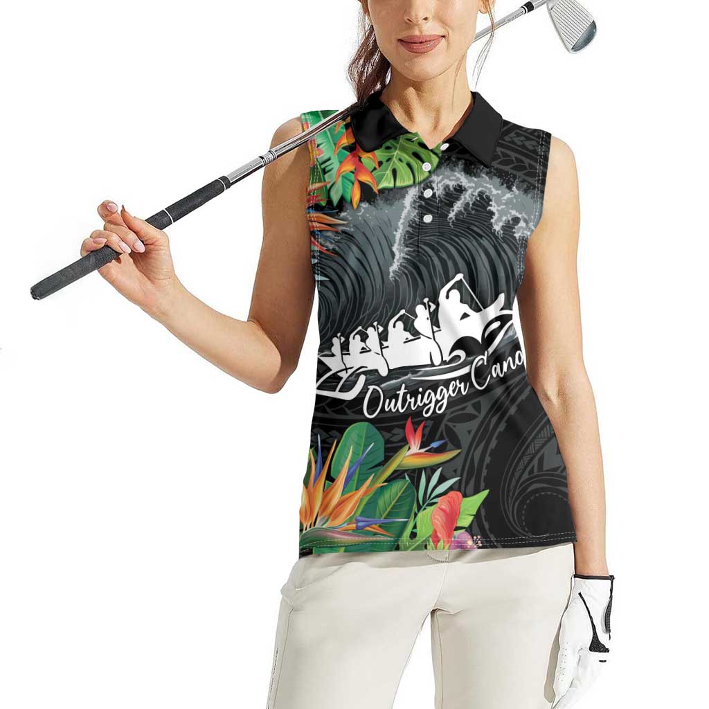 Outrigger Canoe Black Women Sleeveless Polo Shirt On The Waves