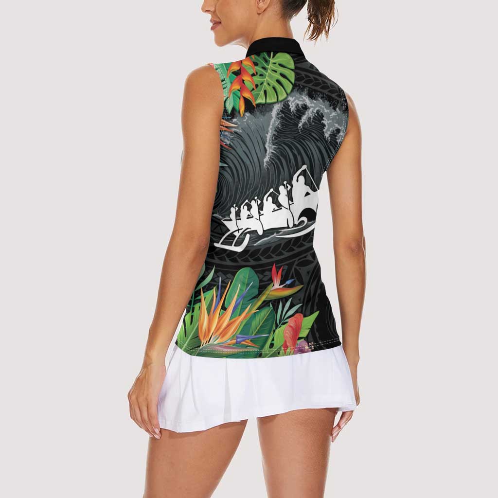 Outrigger Canoe Black Women Sleeveless Polo Shirt On The Waves