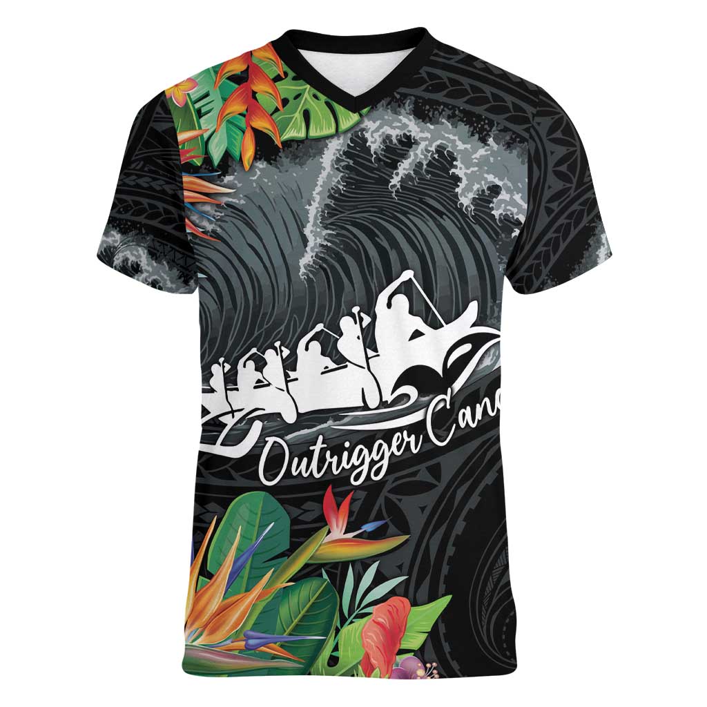 Outrigger Canoe Black Women V-Neck T-Shirt On The Waves LT7 Female Black - Polynesian Pride