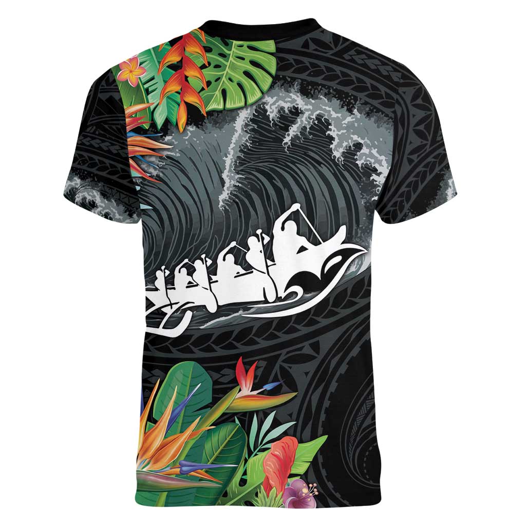 Outrigger Canoe Black Women V-Neck T-Shirt On The Waves LT7 - Polynesian Pride