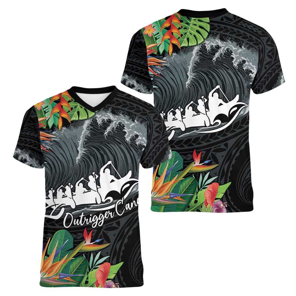 Outrigger Canoe Black Women V-Neck T-Shirt On The Waves LT7 - Polynesian Pride