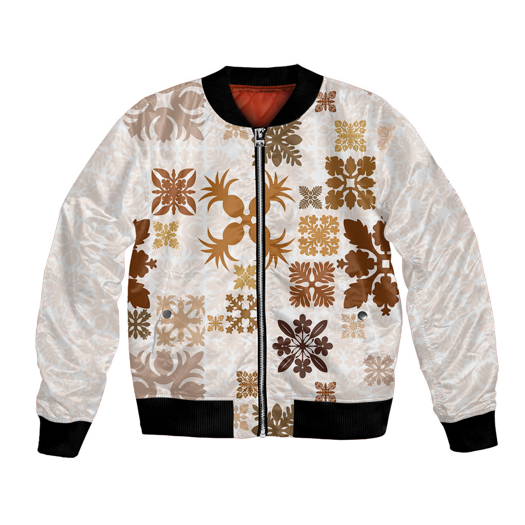 Vintage Hawaii Bomber Jacket Hawaiian Quilt Kapa Mismatch Beige LT7 Unisex Beige - Polynesian Pride