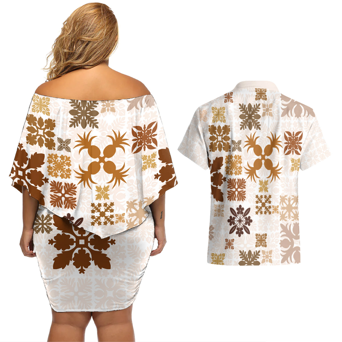 Vintage Hawaii Couples Matching Off Shoulder Short Dress and Hawaiian Shirt Hawaiian Quilt Kapa Mismatch Beige LT7 - Polynesian Pride