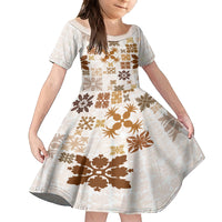 Vintage Hawaii Family Matching Off Shoulder Maxi Dress and Hawaiian Shirt Hawaiian Quilt Kapa Mismatch Beige LT7 Daughter's Dress Beige - Polynesian Pride