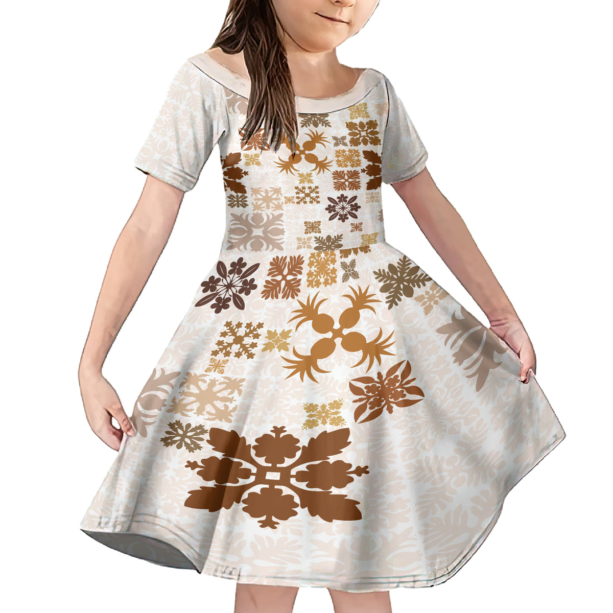 Vintage Hawaii Family Matching Short Sleeve Bodycon Dress and Hawaiian Shirt Hawaiian Quilt Kapa Mismatch Beige LT7 Daughter's Dress Beige - Polynesian Pride