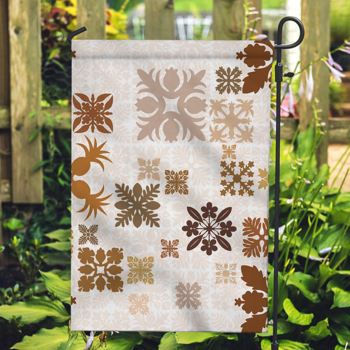 Vintage Hawaii Garden Flag Hawaiian Quilt Kapa Mismatch Beige LT7 Garden Flag Beige - Polynesian Pride