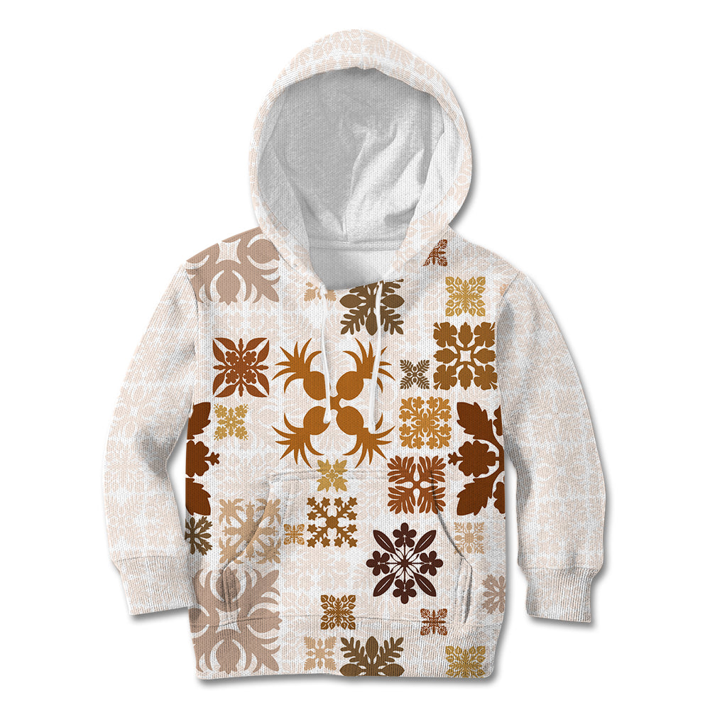 Vintage Hawaii Kid Hoodie Hawaiian Quilt Kapa Mismatch Beige LT7 Hoodie Beige - Polynesian Pride