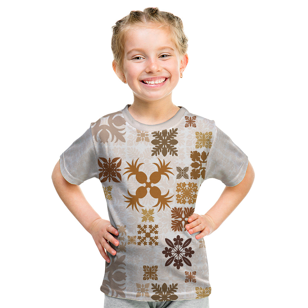 Vintage Hawaii Kid T Shirt Hawaiian Quilt Kapa Mismatch Beige LT7 Beige - Polynesian Pride