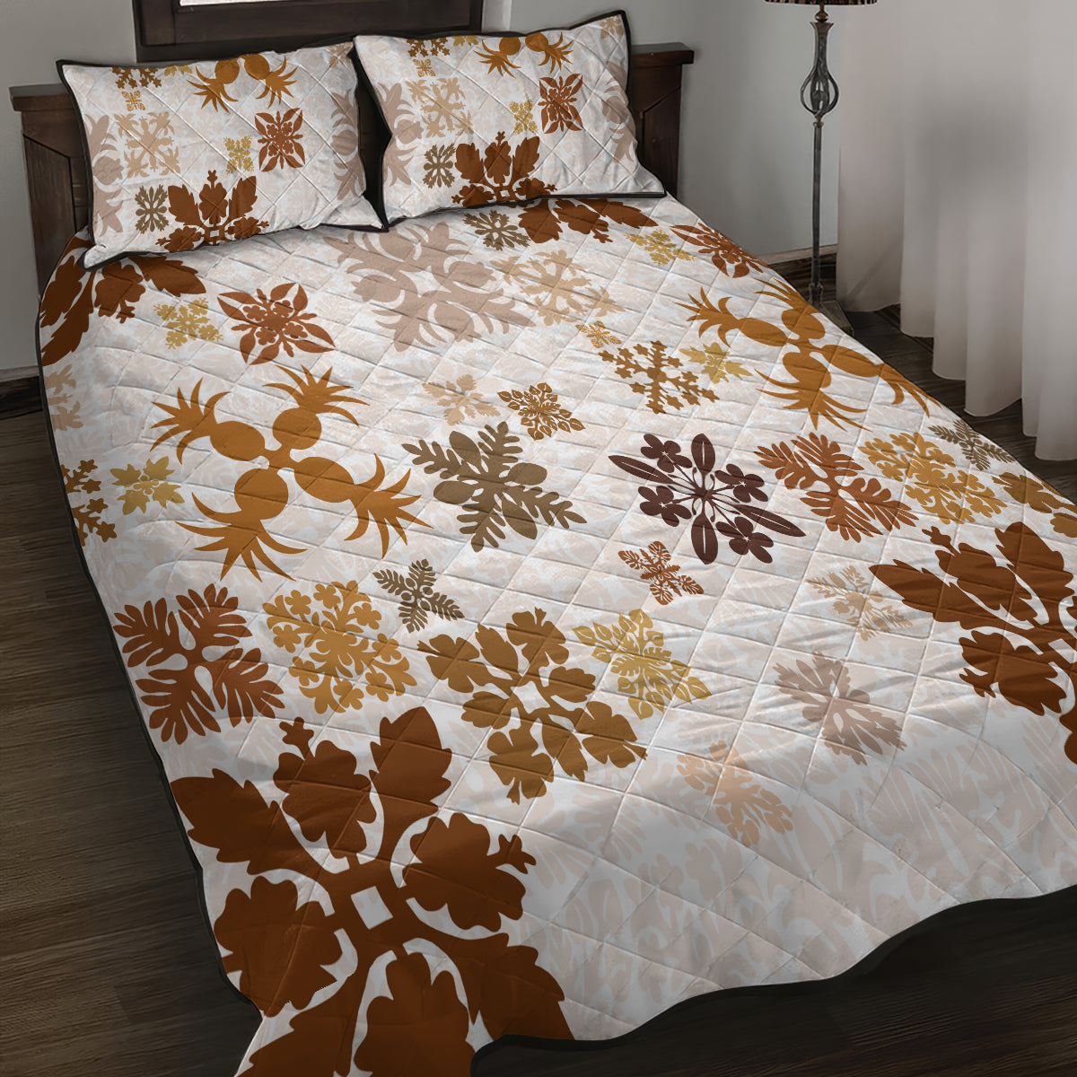 Vintage Hawaii Quilt Bed Set Hawaiian Quilt Kapa Mismatch Beige LT7 - Polynesian Pride