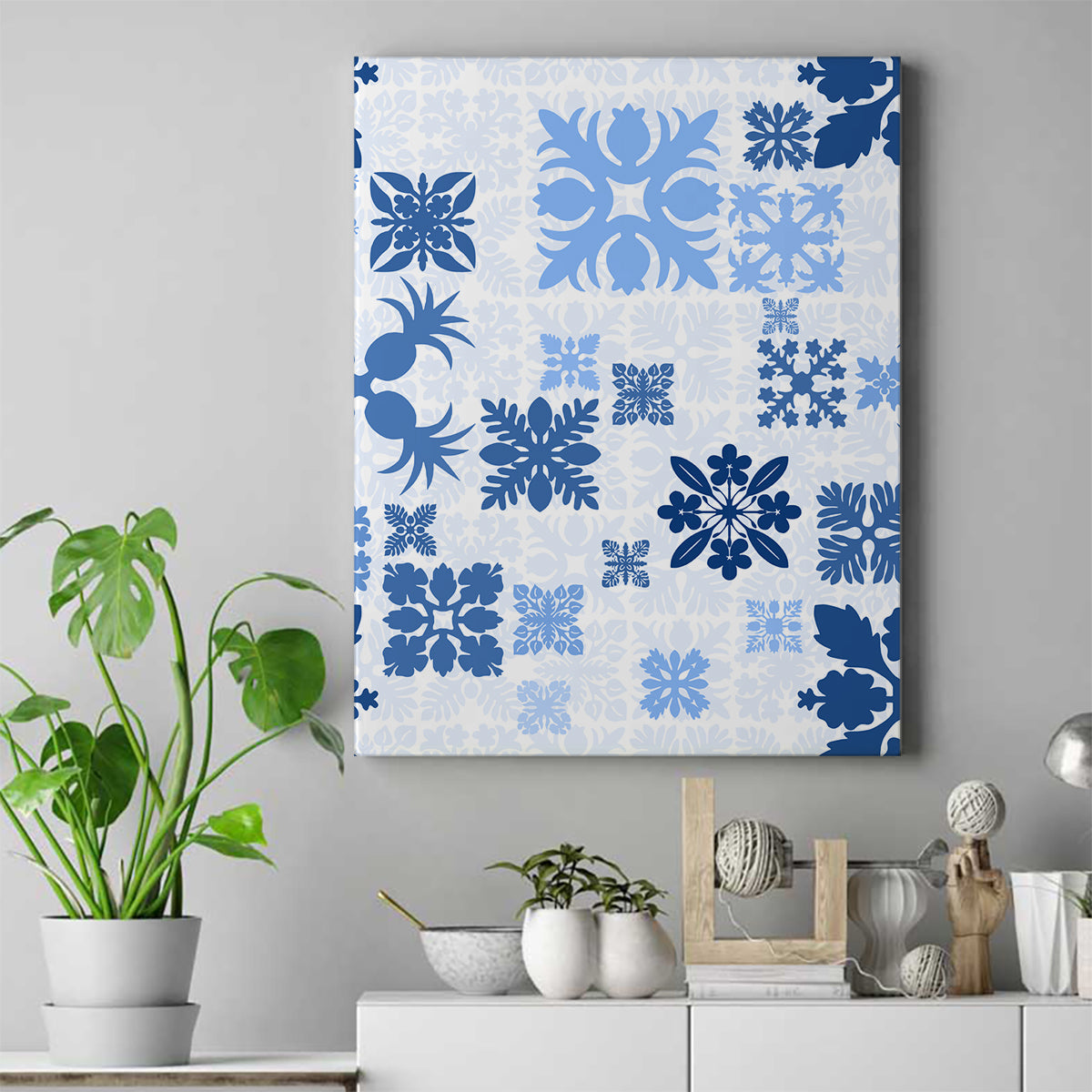 Vintage Hawaii Canvas Wall Art Hawaiian Quilt Kapa Mismatch Blue LT7 Blue - Polynesian Pride