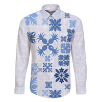 Vintage Hawaii Family Matching Mermaid Dress and Hawaiian Shirt Hawaiian Quilt Kapa Mismatch Blue LT7 Dad's Shirt - Long Sleeve Blue - Polynesian Pride