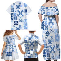 Vintage Hawaii Family Matching Off Shoulder Maxi Dress and Hawaiian Shirt Hawaiian Quilt Kapa Mismatch Blue LT7 - Polynesian Pride