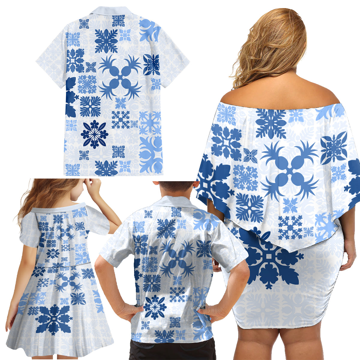 Vintage Hawaii Family Matching Off Shoulder Short Dress and Hawaiian Shirt Hawaiian Quilt Kapa Mismatch Blue LT7 - Polynesian Pride