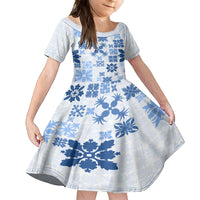 Vintage Hawaii Family Matching Tank Maxi Dress and Hawaiian Shirt Hawaiian Quilt Kapa Mismatch Blue LT7 Daughter's Dress Blue - Polynesian Pride