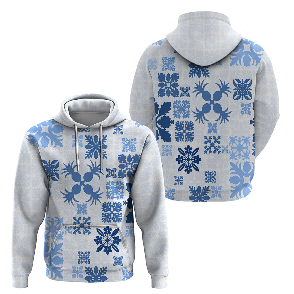 Vintage Hawaii Hoodie Hawaiian Quilt Kapa Mismatch Blue LT7 - Polynesian Pride