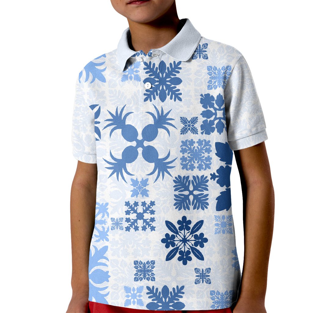 Vintage Hawaii Kid Polo Shirt Hawaiian Quilt Kapa Mismatch Blue LT7 Kid Blue - Polynesian Pride