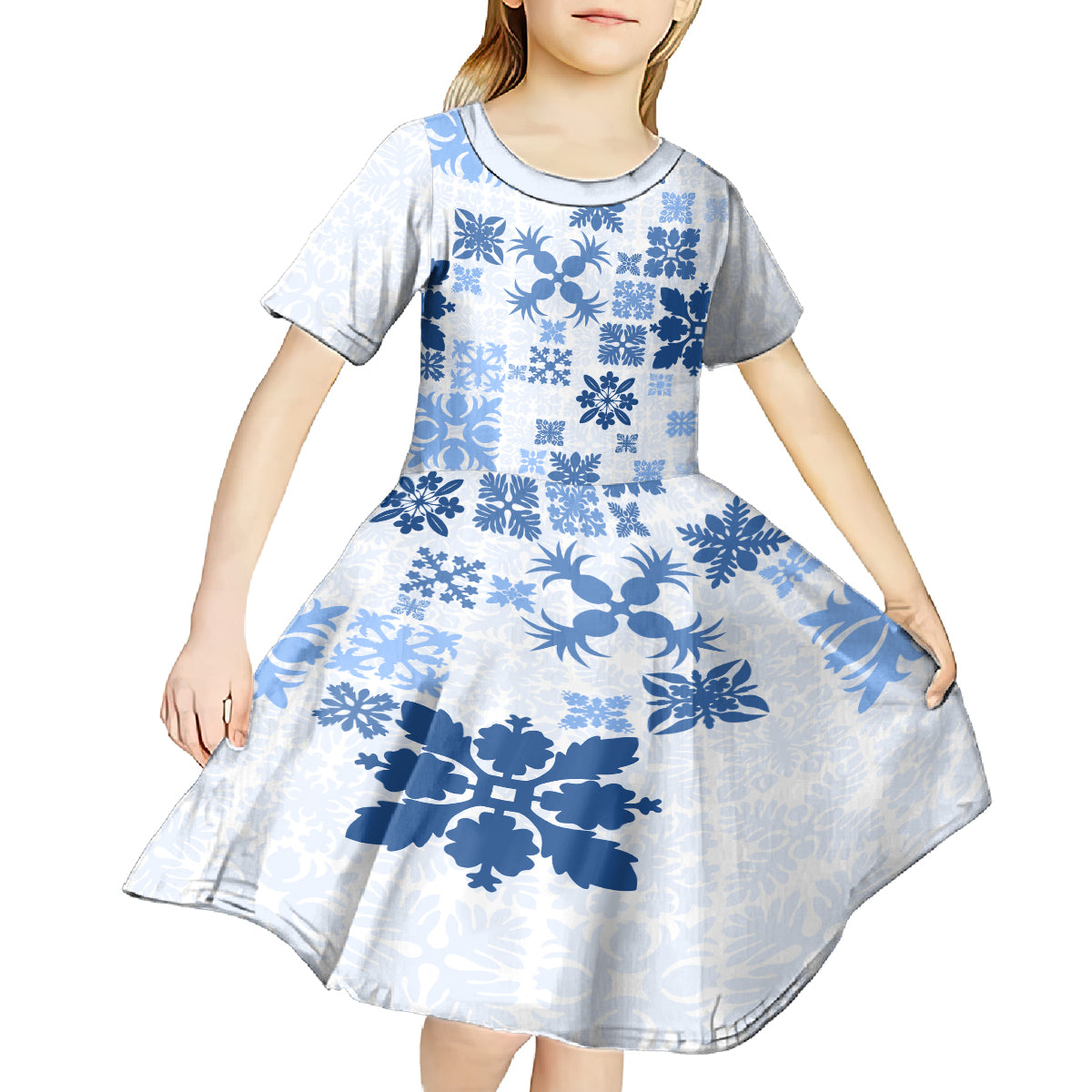 Vintage Hawaii Kid Short Sleeve Dress Hawaiian Quilt Kapa Mismatch Blue LT7 - Polynesian Pride