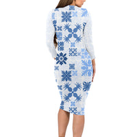 Vintage Hawaii Long Sleeve Bodycon Dress Hawaiian Quilt Kapa Mismatch Blue LT7 - Polynesian Pride