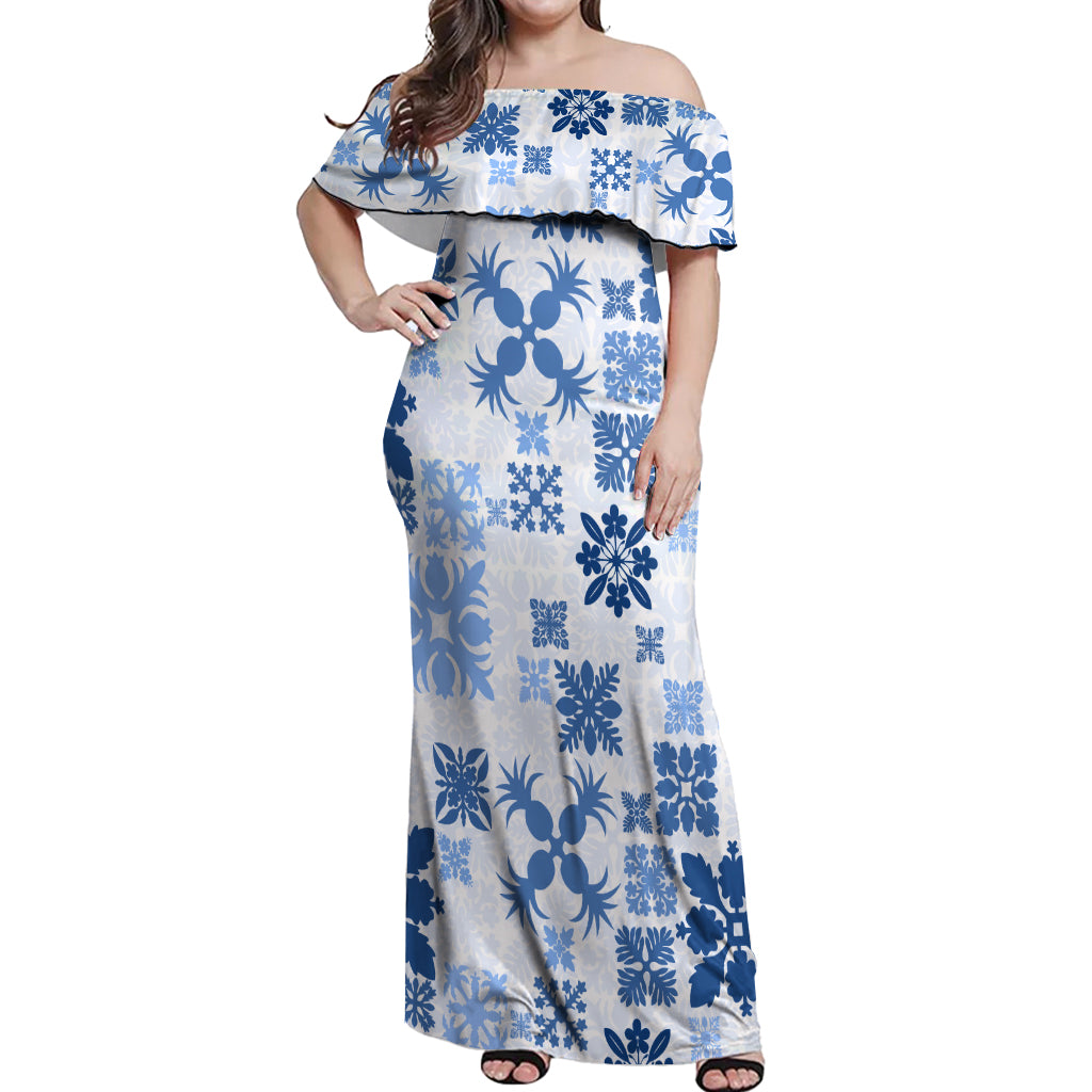 Vintage Hawaii Off Shoulder Maxi Dress Hawaiian Quilt Kapa Mismatch Blue LT7 Women Blue - Polynesian Pride