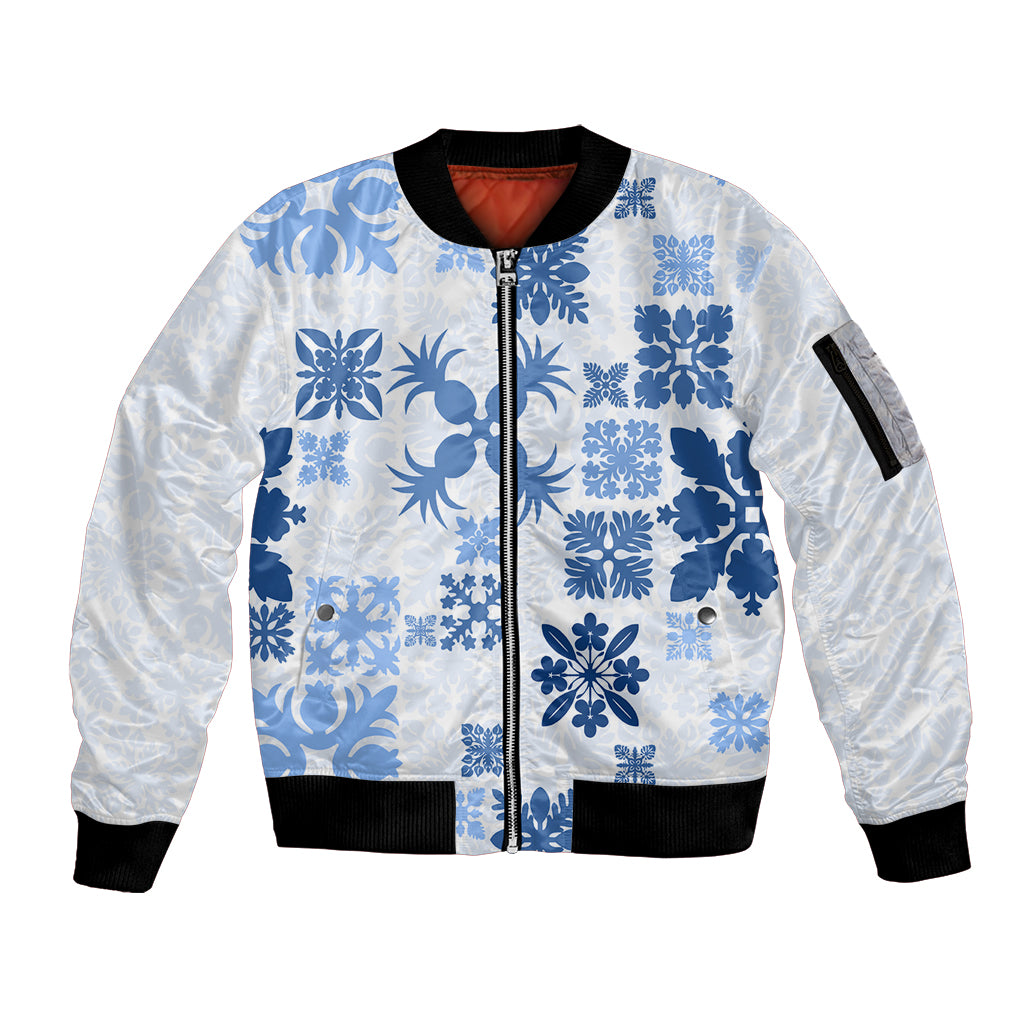 Vintage Hawaii Sleeve Zip Bomber Jacket Hawaiian Quilt Kapa Mismatch Blue LT7 Unisex Blue - Polynesian Pride