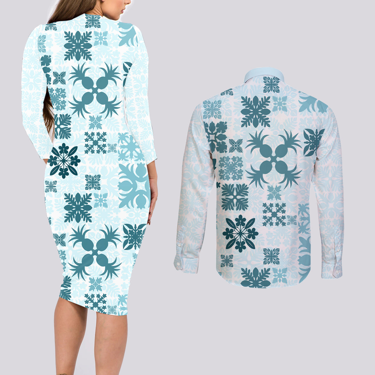 Vintage Hawaii Couples Matching Long Sleeve Bodycon Dress and Long Sleeve Button Shirts Hawaiian Quilt Kapa Mismatch Teal LT7 - Polynesian Pride