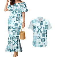 Vintage Hawaii Couples Matching Mermaid Dress and Hawaiian Shirt Hawaiian Quilt Kapa Mismatch Teal LT7 Teal - Polynesian Pride